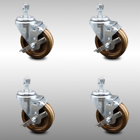 Service Caster 4 Inch SS High Temp Phenolic Wheel Swivel 1/2 Inch Threaded Stem Caster Set Brake SCC-SSTS20S414-PHSHT-TLB-121315-4